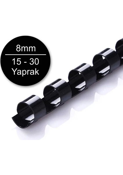 8 mm Siyah Plastik Spiral 15 - 30 Yaprak Kapasiteli 100'lü Kutu