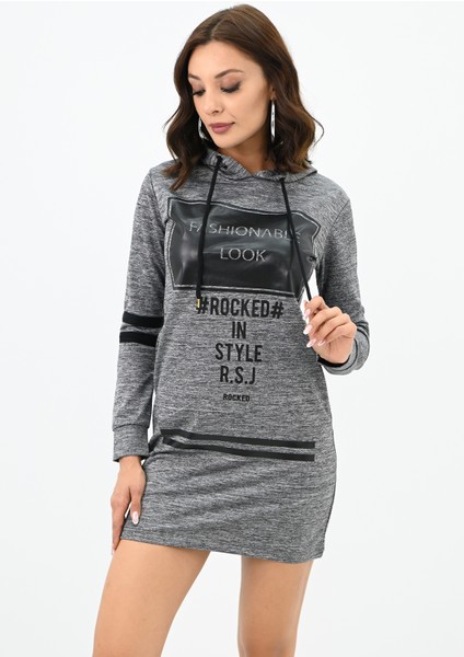 Kadın Kapüşonlu Baskılı Sweat Elbise 7004