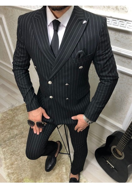 Erkek Siyah Çizgili Italyan Kesim Slim Fit Takım Elbise TKMELBS-8682
