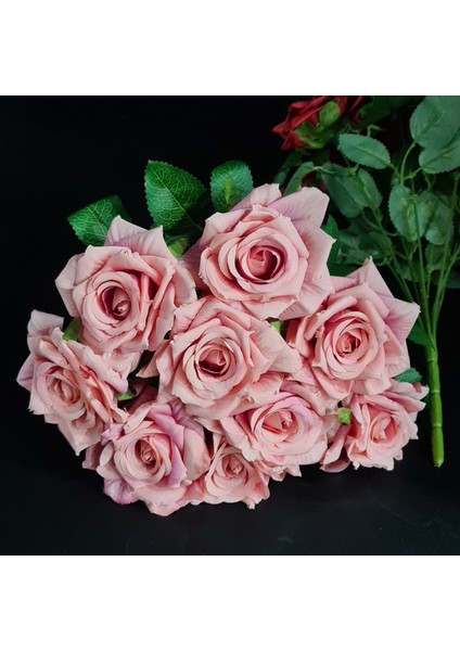 9 Dallı Açık Kıvırcık Gül Demet Pembe (Yapay Çiçektir)