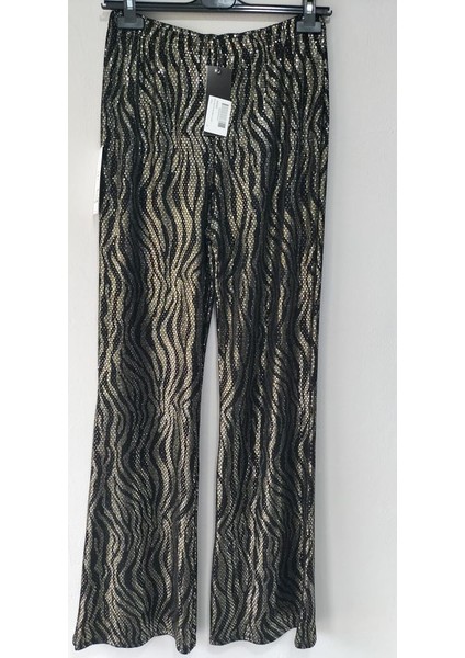 Kadın Parlak Altın Desenli Yüksek Bel Flare Pantolon modelleri