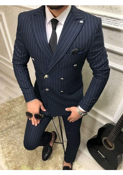 Erkek Lacivert Çizgili Italyan Kesim Slim Fit Takım Elbise TKMELBS-8682 fiyatları