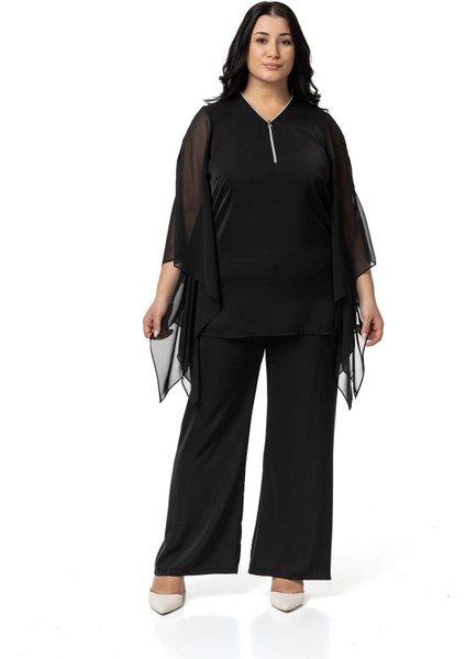 Büyük Beden Fermuar Detaylı Geniş Kesim Bluz Pantolon Siyah Ikili Takım