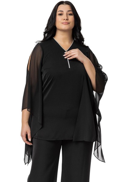 Büyük Beden Fermuar Detaylı Geniş Kesim Bluz Pantolon Siyah Ikili Takım fiyatları