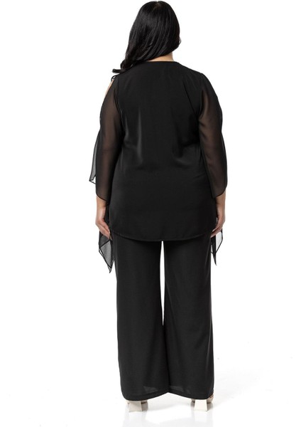 Büyük Beden Fermuar Detaylı Geniş Kesim Bluz Pantolon Siyah Ikili Takım modelleri