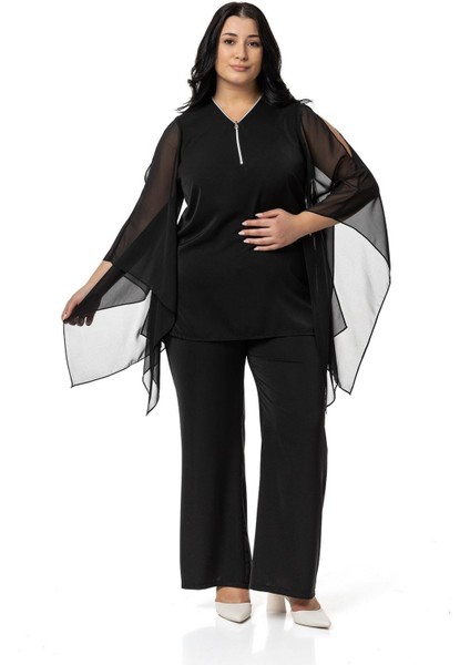 Büyük Beden Fermuar Detaylı Geniş Kesim Bluz Pantolon Siyah Ikili Takım fırsatları