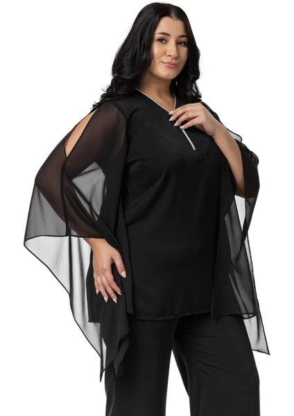 Büyük Beden Fermuar Detaylı Geniş Kesim Bluz Pantolon Siyah Ikili Takım indirimleri