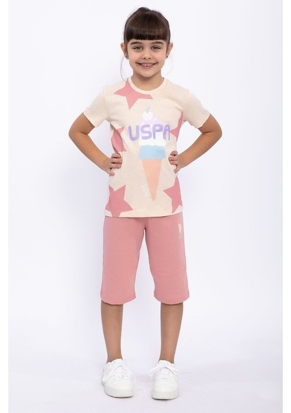 1060 Pamuklu Kısa Kol Kız Çocuk Bermuda Pijama Takımı Krem