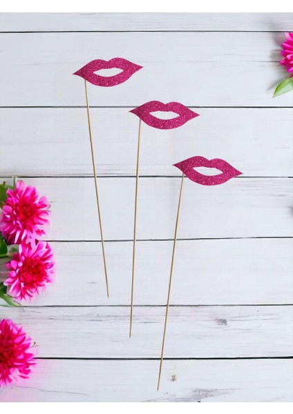 Dudak Şeklinde Çubuklu Parti Aksesuarı Simli Fuşya 6'lı