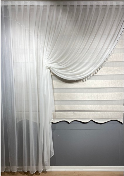 Moda Inci Perde Tek Toplama Kazayağı Model Püsküllü Kruvaze Tül Perde