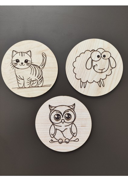 3'lü Ahşap Bardak Altlığı | Hayvan Temalı | 10CM