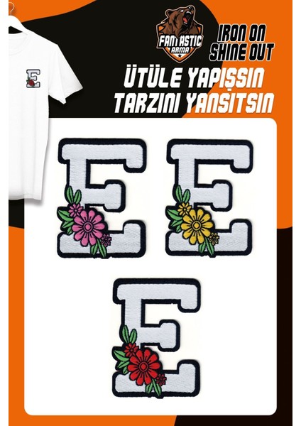 Ütü ile Yapışan Dokuma Arma Seti Patch Yama Çiçekli Harfler Modeli E Harfi (3 Adet)