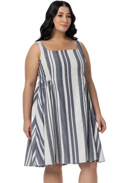 Büyük Yanlarda Büzgü ve Arkada Bağlama Detaylı Keten Mini Lacivert Elbise fiyatları