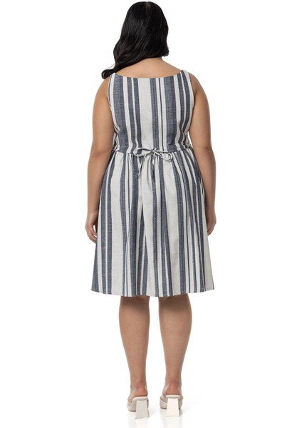 Büyük Yanlarda Büzgü ve Arkada Bağlama Detaylı Keten Mini Lacivert Elbise modelleri