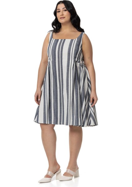 Büyük Yanlarda Büzgü ve Arkada Bağlama Detaylı Keten Mini Lacivert Elbise indirimleri