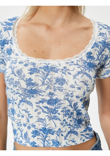 Çiçekli T-Shirt Kısa Kollu U Yaka Dantel Detaylı Ribanalı Pamuklu indirimleri