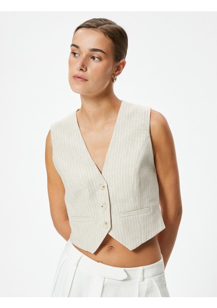 Keten Yelek Crop Slim Fit V Yaka Astarlı