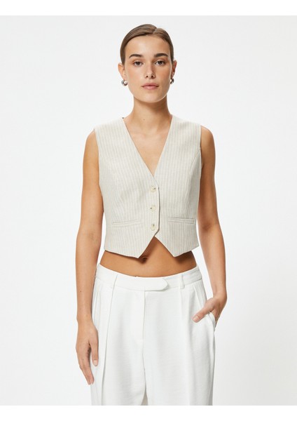 Keten Yelek Crop Slim Fit V Yaka Astarlı