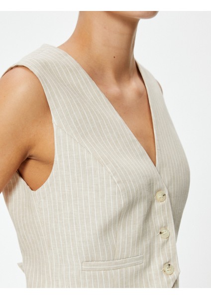 Keten Yelek Crop Slim Fit V Yaka Astarlı
