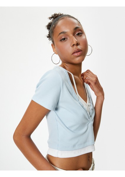 Crop T-Shirt V Yaka Kaşkorse Düğmeli Kısa Kollu