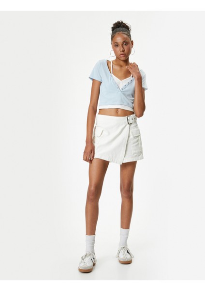 Crop T-Shirt V Yaka Kaşkorse Düğmeli Kısa Kollu fiyatları