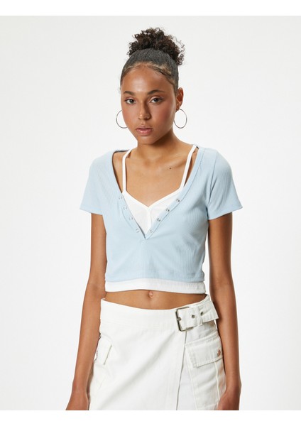 Crop T-Shirt V Yaka Kaşkorse Düğmeli Kısa Kollu modelleri