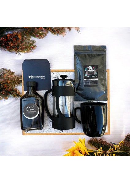 Cold Brew Filtre Kahve French Press Siyah Kupa Hediye Seti Kutusu