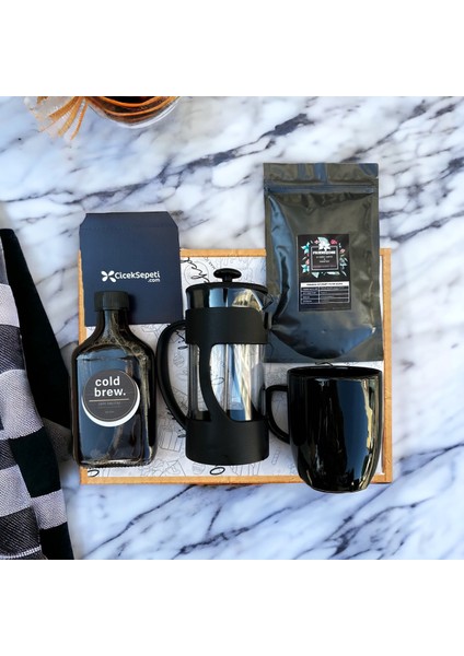 Cold Brew Filtre Kahve French Press Siyah Kupa Hediye Seti Kutusu