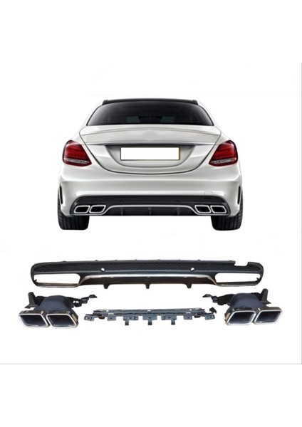 Mercedes Uyumlu W205 C Serisi Gümüş (Silver) Difüzör ve Egzoz Seti (Amg Sedan - Krom Trim) modelleri