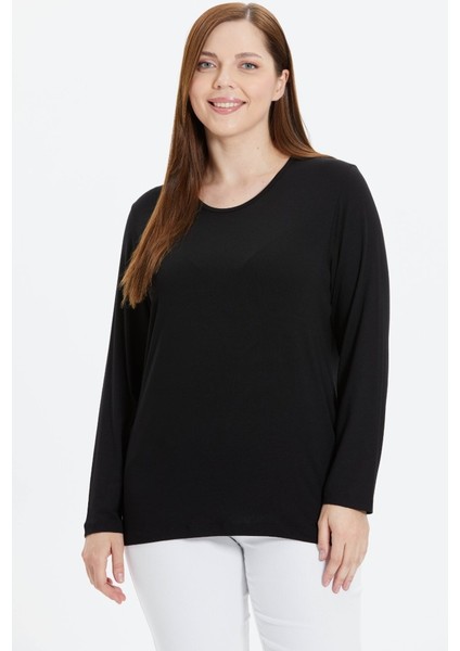 Büyük Beden Uzun Kol Sıfır Yaka Penye Bluz