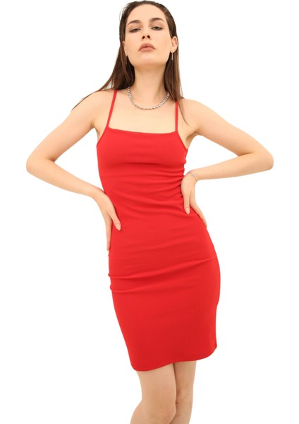 Ayarlanabilir Ince Askılı Bodycon Fitilli Mini Kadın Elbise
