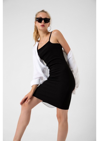 Ayarlanabilir Ince Askılı Bodycon Fitilli Mini Kadın Elbise