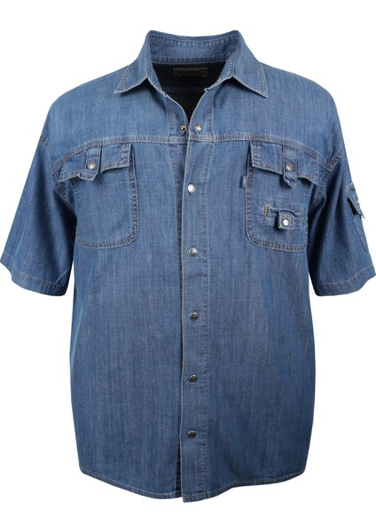 Erkek Büyük Beden 115 KILO-152 Kilo Arası Için Uygun Kısa Kol Kot Gömlek Dekons Blue