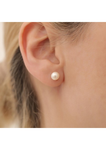 925 Ayar Gümüş Cream Tatlısu Incisi Çivi Küpe-7mm
