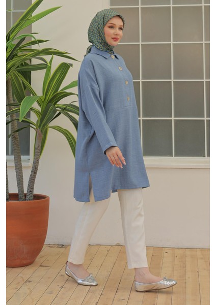 Kadın Gömlek Yaka Düğmeli Indigo Tunik 24YT442 modelleri