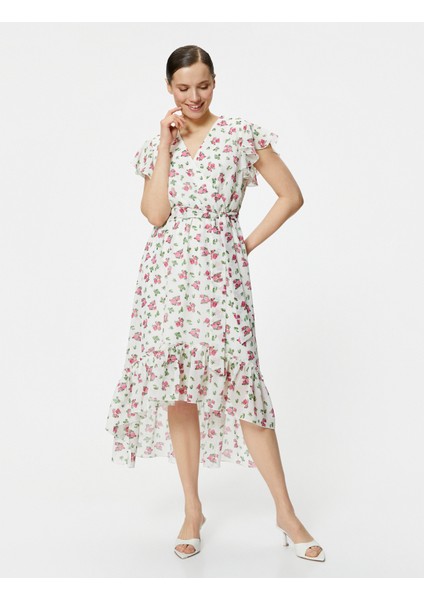 Midi Çiçekli Elbise Şifon Fırfırlı Beli Kuşaklı Asimetrik Kesim V Yaka fiyatları