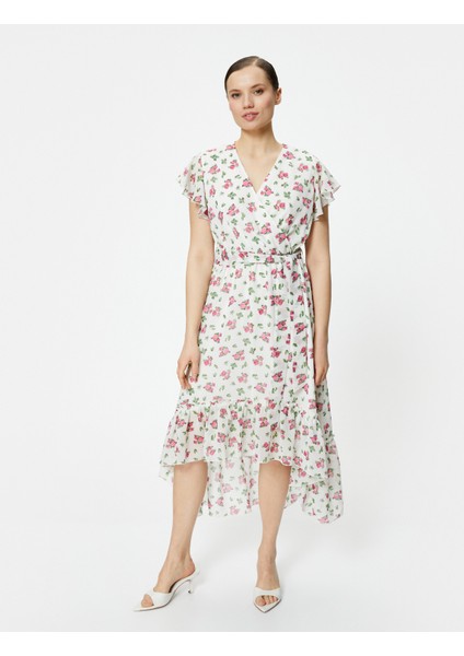 Midi Çiçekli Elbise Şifon Fırfırlı Beli Kuşaklı Asimetrik Kesim V Yaka modelleri