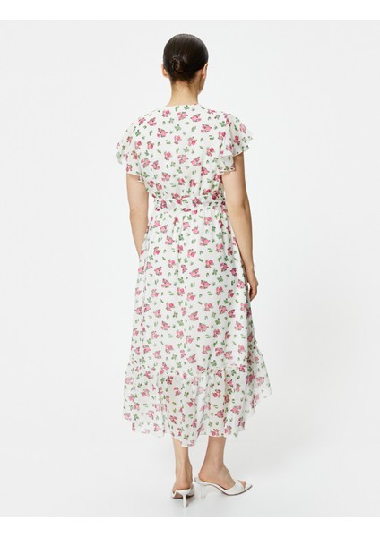 Midi Çiçekli Elbise Şifon Fırfırlı Beli Kuşaklı Asimetrik Kesim V Yaka fırsatları