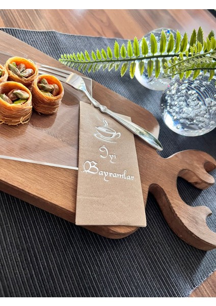 Gümüş Yaldızlı Kraft Iyi Bayramlar Peçete 6X12 cm