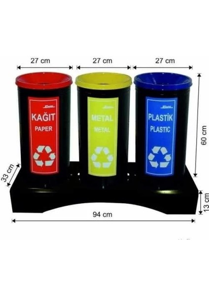 Garanti Metal 1840 Boyalı 3 Lü Geri Dönüşüm Çöp Kovası