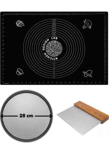 Siyah Silikon Hamur Açma Matı 45 x 65 Cm, 28 cm Pizza Tepsisi ve Ahşap Saplı Hamur ve Pizza Kesici