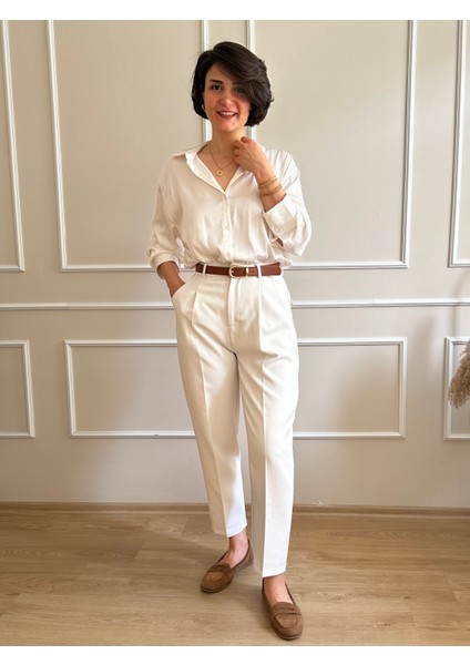 Kirli Beyaz Kemerli Pileli Havuç Pantolon modelleri