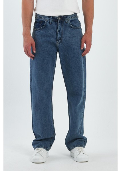 Erkek Palazzojean Pamuklu Yüksek Bel Baggy Kot Pantolon Mavi