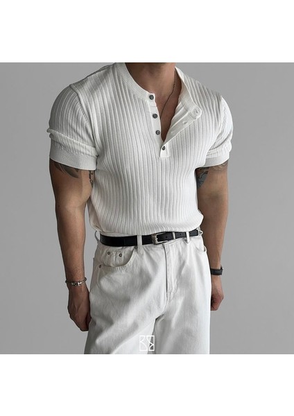 Erkek Hakim Yaka Düğmeli Triko T-Shirt