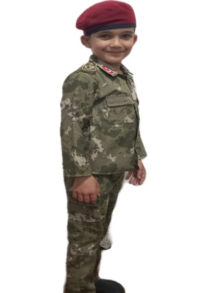Yeni Tip Askeri Kamuflaj Gömlekli Çocuk Takımı-Kostüm Bordobereli