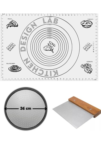 Beyaz Silikon Hamur Açma Matı 45 x 65 Cm, 36 cm Pizza Tepsisi ve Ahşap Saplı Hamur ve Pizza Kesici