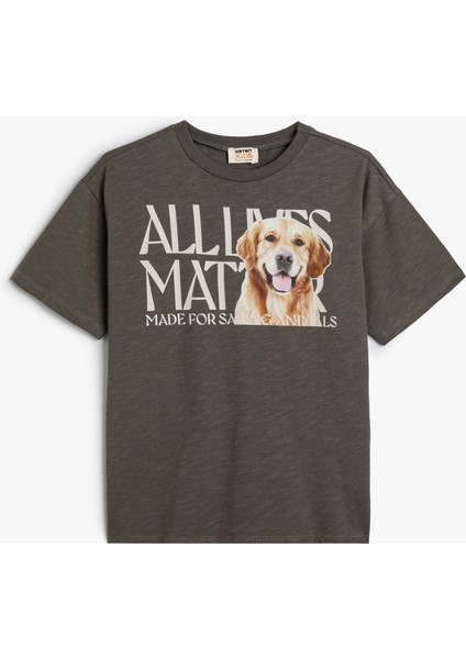 Tişört Köpek Baskılı Kısa Kollu Bisiklet Yaka Pamuklu