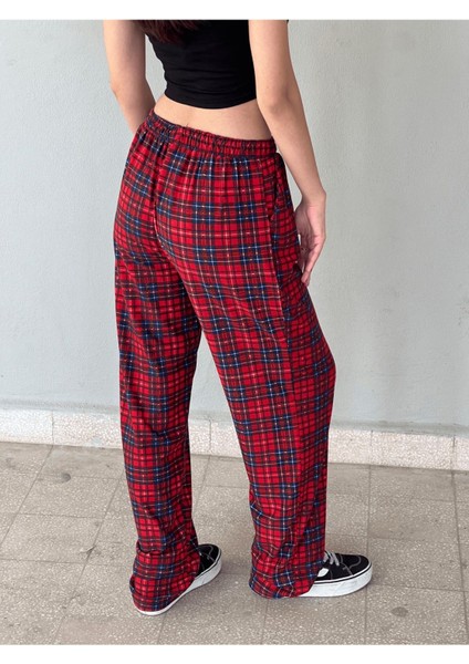 Y2K Tech Rahat Ekose Kare Detail Unisex Bol Kırmızı Eşofman Altı fiyatları