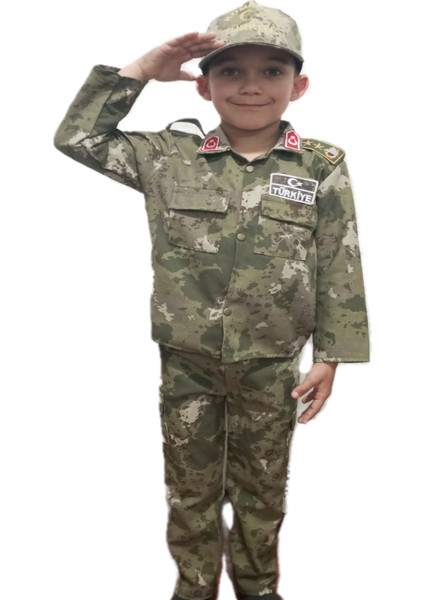 Yeni Tip Orjinal Askeri Kamuflaj Gömlekli Unisex Çocuktakımı Kostüm Kep'li (Şapka)