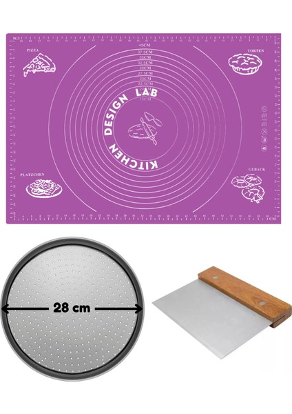 Mor Silikon Hamur Açma Matı 45 x 65 Cm, 28 cm Pizza Tepsisi ve Ahşap Saplı Hamur ve Pizza Kesici